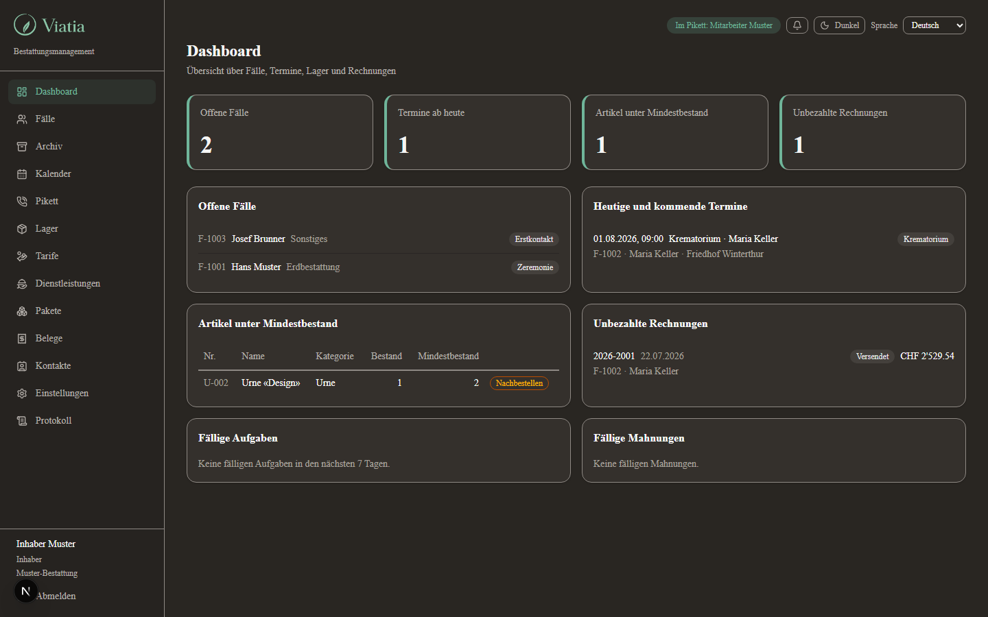Viatia Dashboard mit offenen Fällen, Terminen und Kennzahlen